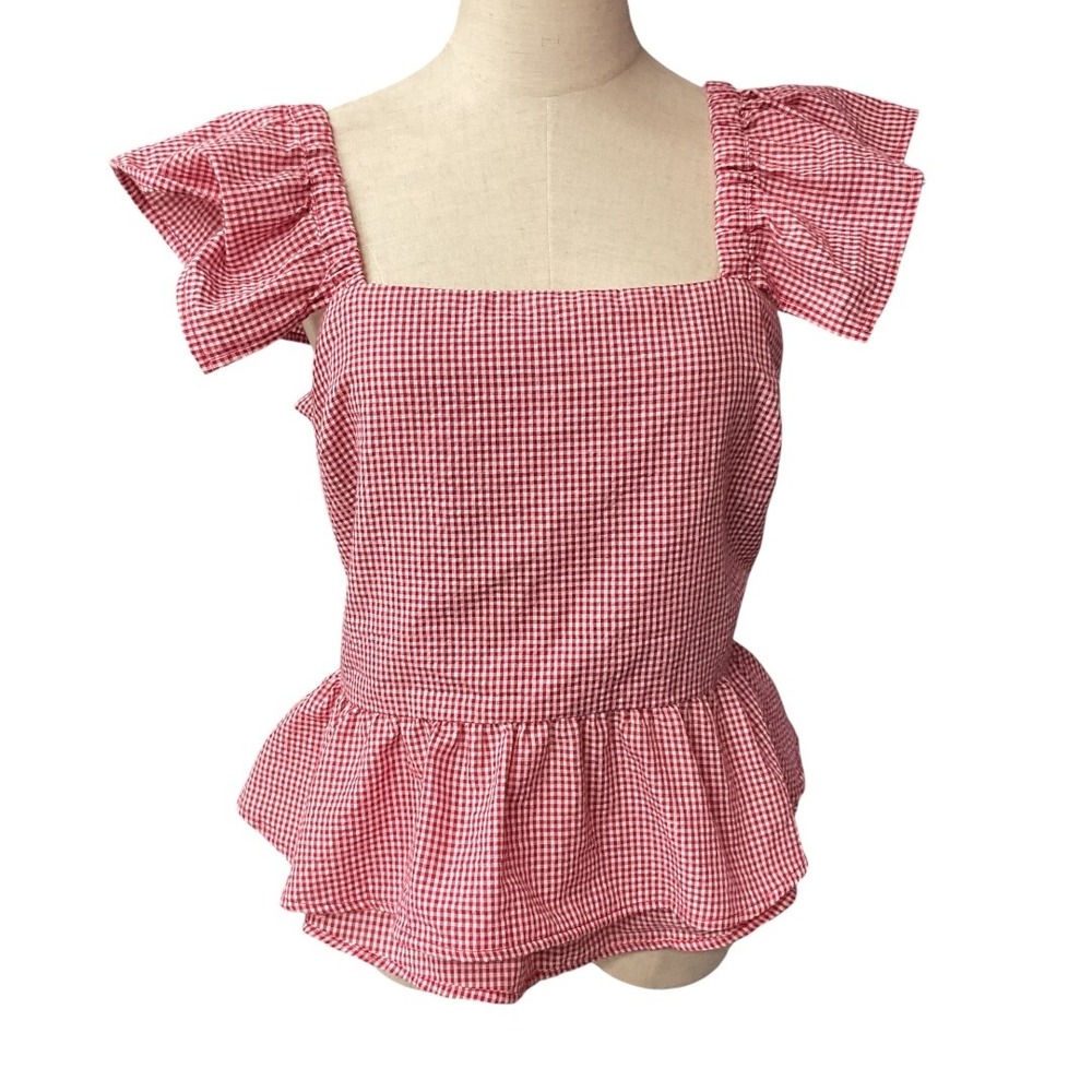Meraki‎ Women's Plaid Ruffle Sleeve Square Neck Babydoll Top Size XL